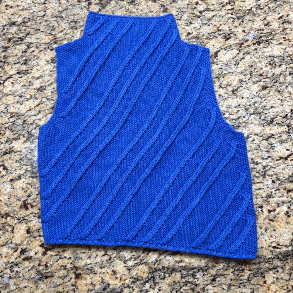 NEW Zara Knit Vest Top Blue Diagonal Cable Mock Neck Asymmetrical Hem Large ws